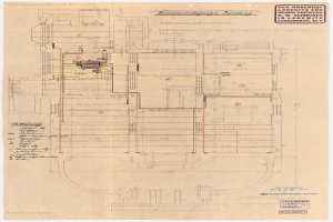 Schwarze und weiße architektonische Zeichnung des Rosenhof-Krankenhauses in Hamburg, Deutschland, die detaillierte Layouts mit zahlreichen Drähten zeigt, die elektrische oder strukturelle Pläne angeben, begleitet von handgeschriebenen Textanmerkungen.