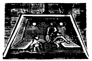 Eine Schwarz-Weiß-Zeichnung eines Fußballspiels im Gange, die zwei Spieler in Uniformen zeigt, wobei ein Torpfosten in der Ecke sichtbar ist.