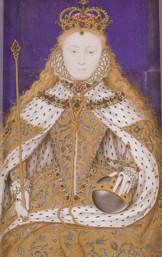 Gemälde der Queen Elizabeth I. von England in königlicher Kleidung, mit Krone, einem Stock haltend, mit einem Dutt und einem würdevollen Gesichtsausdruck.