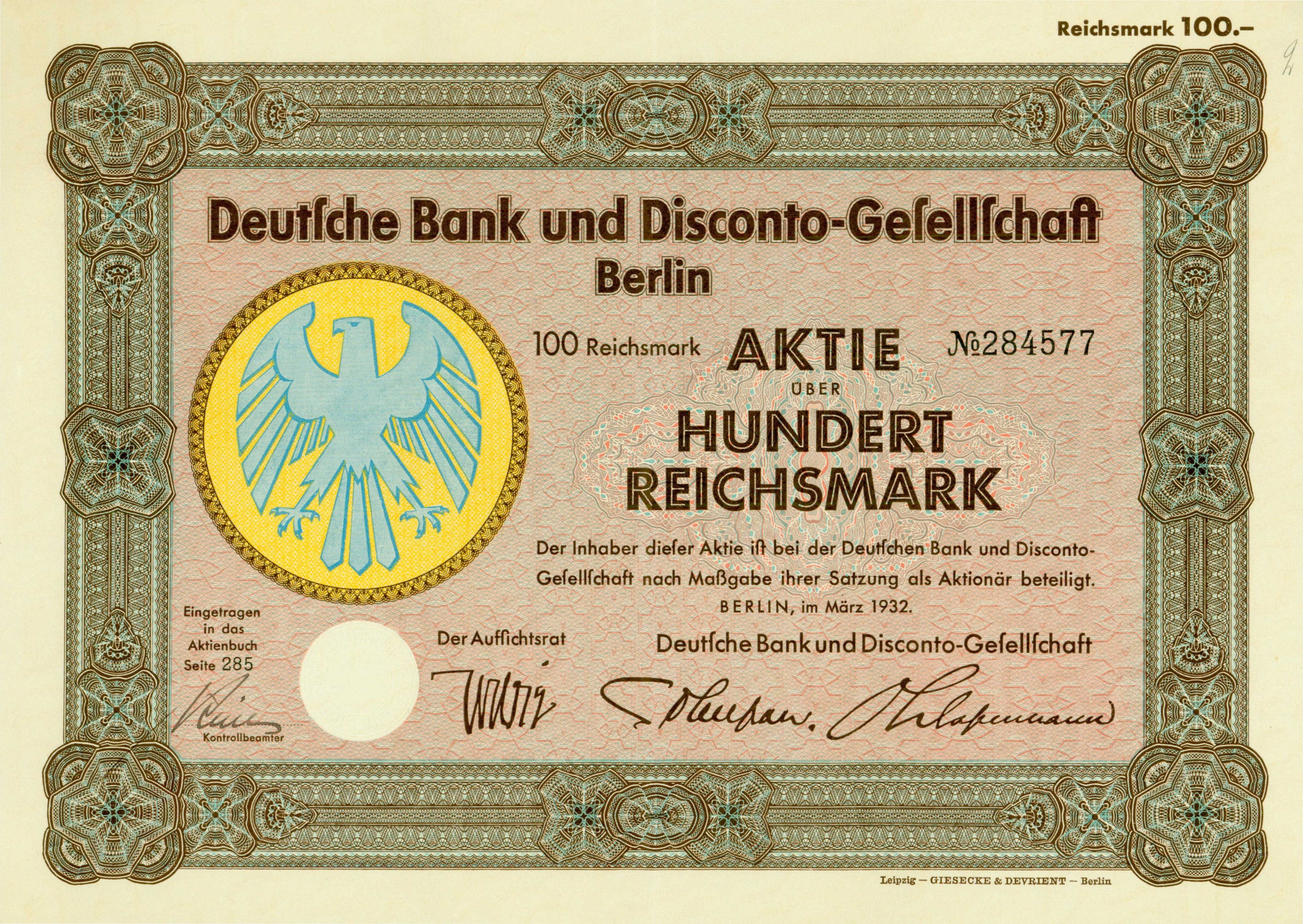 Alte deutsche Banknote mit einer Vogeldarstellung und Text, der "Deutsche Bank und Disconto-Gefellichaft Berlin" lautet.