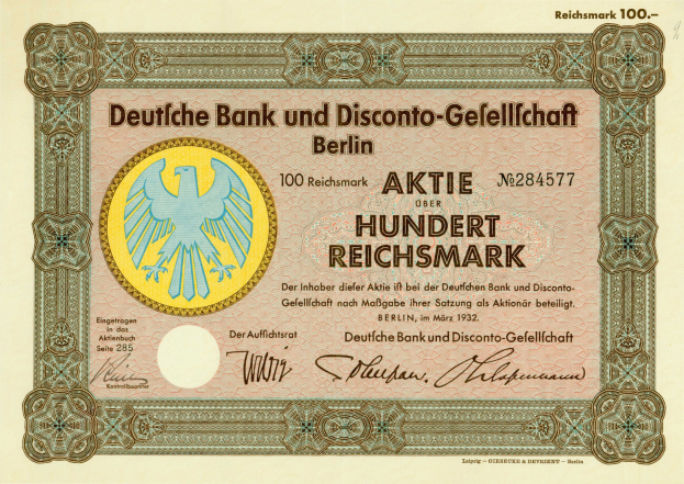 Alte deutsche Banknote mit einer Vogeldarstellung und Text, der "Deutsche Bank und Disconto-Gefellichaft Berlin" lautet.