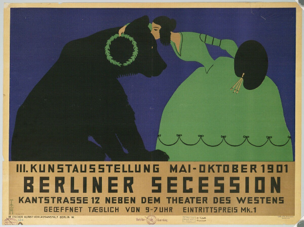 Plakat der Berliner Secession mit einer Frau in einem grünen Kleid und einem Mann in einem schwarzen Anzug, mit Text, der das Ereignis beschreibt.