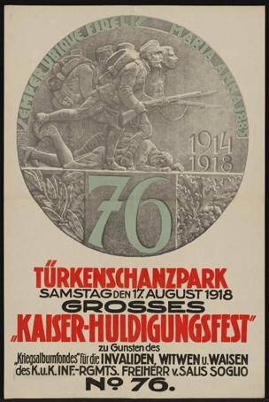 Plakat zum 70. Jahrestag des Kaiser-Huldigungsfestes in Berlin, Deutschland, mit einer Gruppe von Menschen in der Mitte und umgeben von Text und Zahlen, gerahmt in einem klassischen Fotoраhmen.