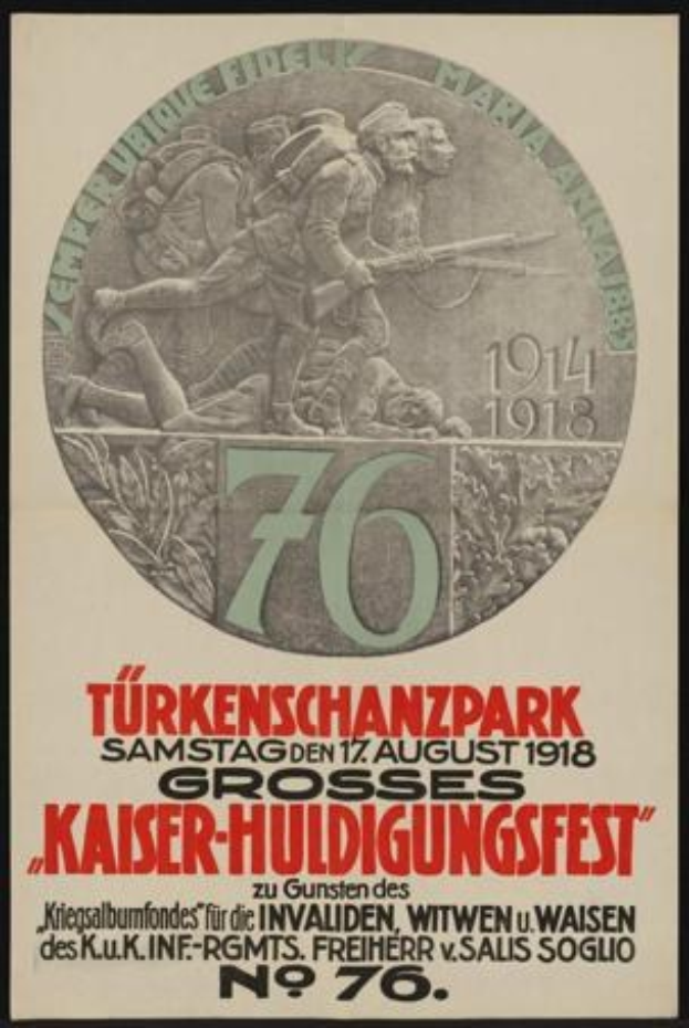 Plakat zum 70. Jahrestag des Kaiser-Huldigungsfestes in Berlin, Deutschland, mit einer Gruppe von Menschen in der Mitte und umgeben von Text und Zahlen, gerahmt in einem klassischen Fotoраhmen.