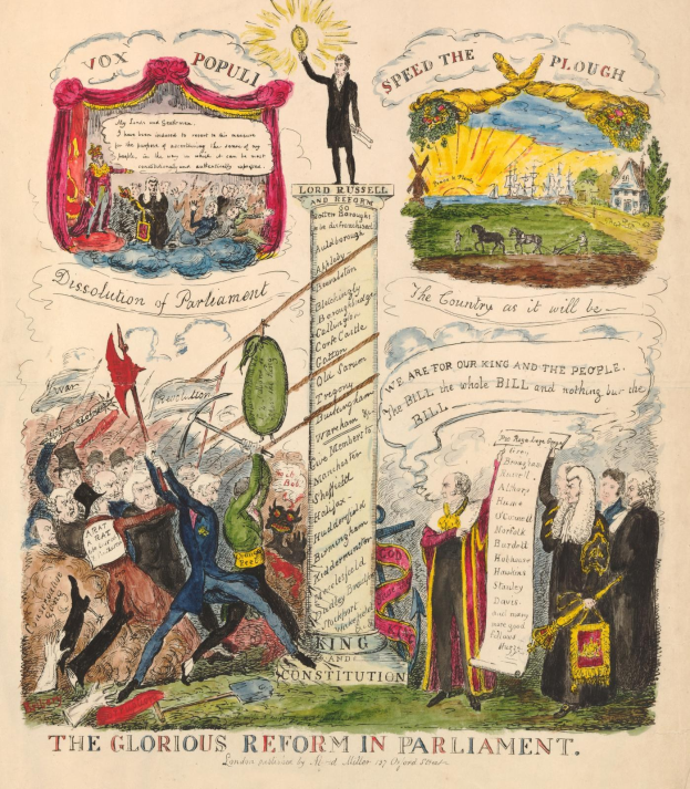 Ein bunt illustrierter Dokument titled "The glorious reform in parliament," featuring bold text and diverse smiling people, symbolizing hope and progress.