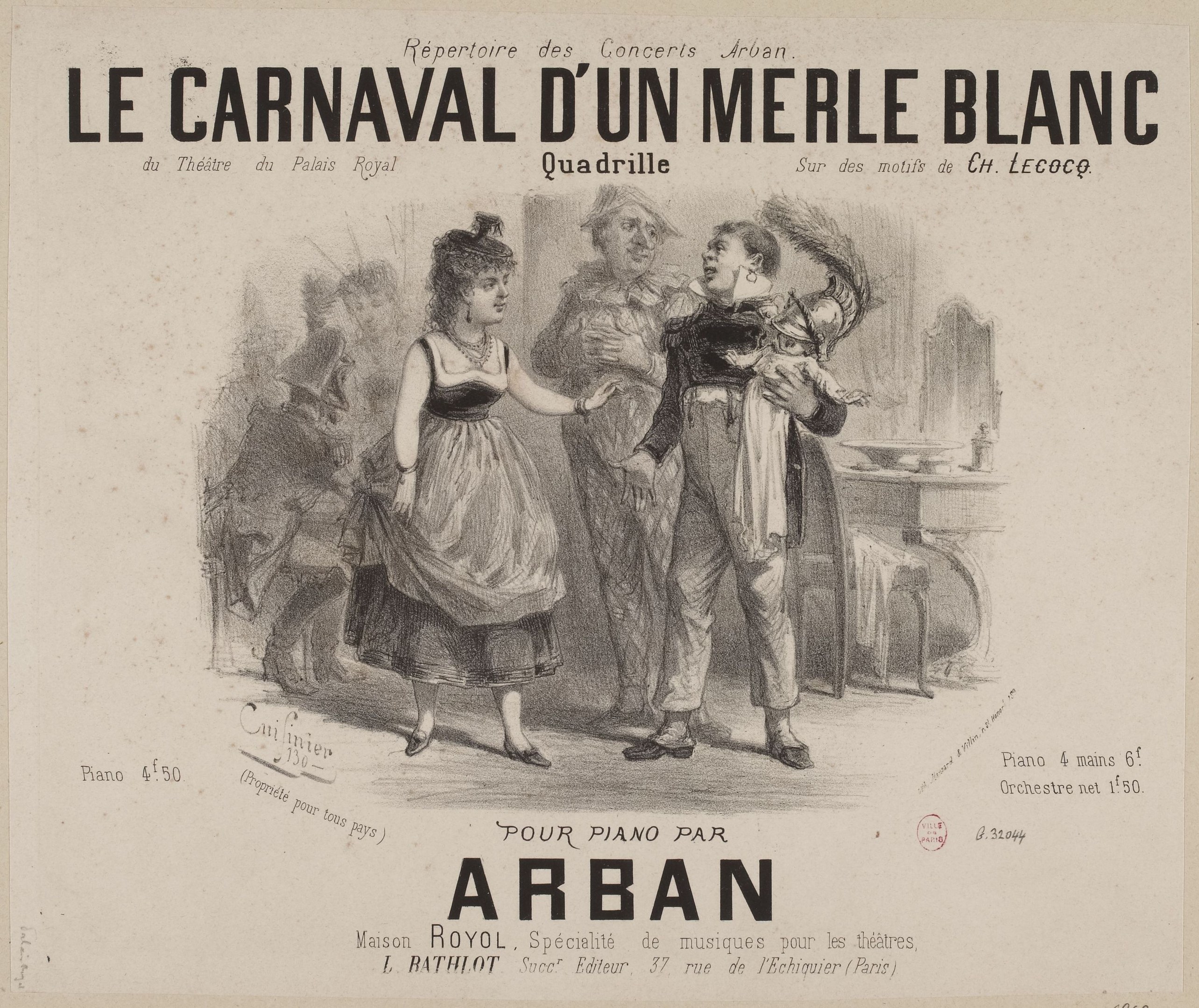 Ein Blatt Papier mit einer Zeichnung eines Mannes und einer Frau in traditioneller Kleidung vor einer Karnevals Szenerie, betitelt mit "le carnaval d'un merle blanc."