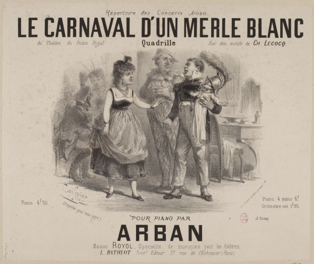Ein Blatt Papier mit einer Zeichnung eines Mannes und einer Frau in traditioneller Kleidung vor einer Karnevals Szenerie, betitelt mit "le carnaval d'un merle blanc."