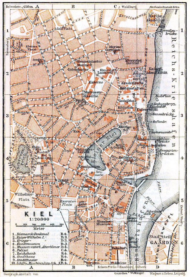 Ein detaillierter alter Stadtplan von Kiel, Deutschland, der Straßen, Gebäude und Sehenswürdigkeiten zeigt, mit Text oben und unten.