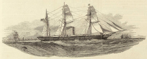 Gravur eines Segelschiffs mit geblähten Segeln und glänzendem Rumpf, das auf dem Meer segelt, mit anderen Schiffen im Hintergrund und Text unten.