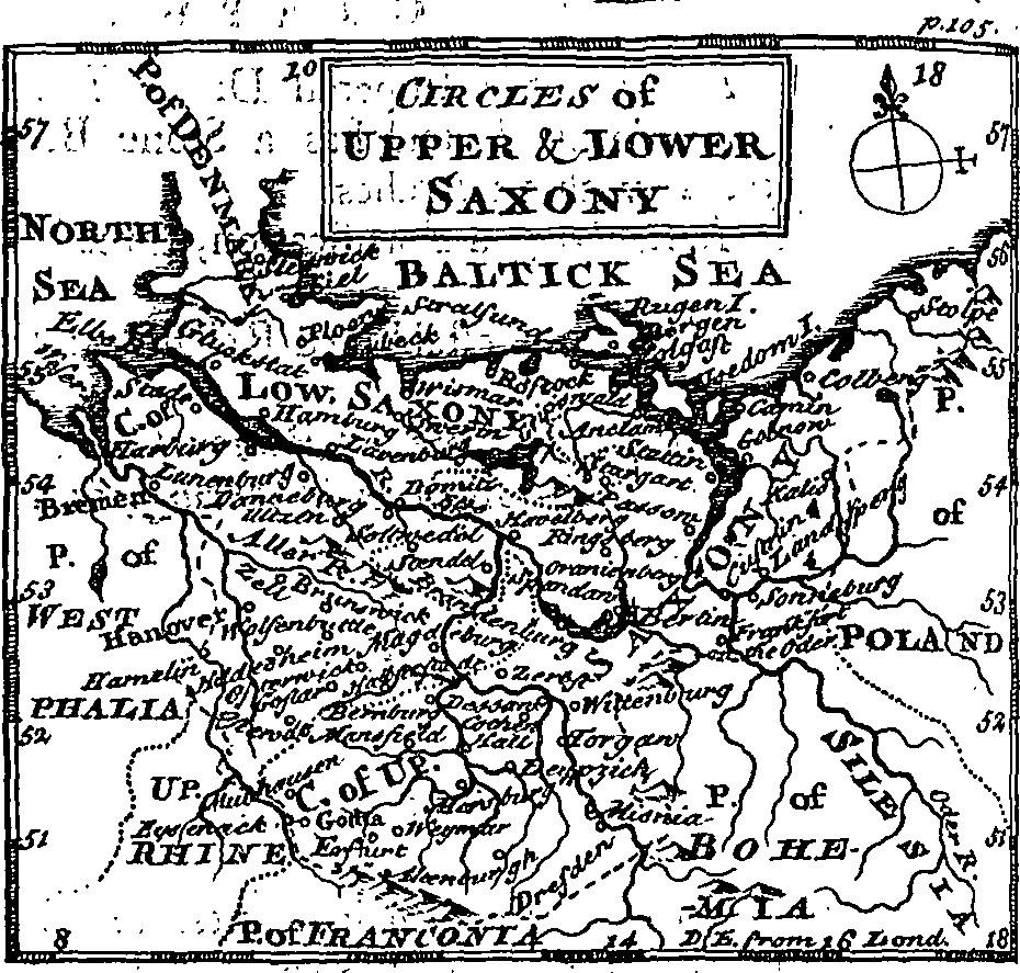 Schwarze und weiße Karte von Ober- und Niedersachsen, die geografische Merkmale und TextAnnotation zeigt.