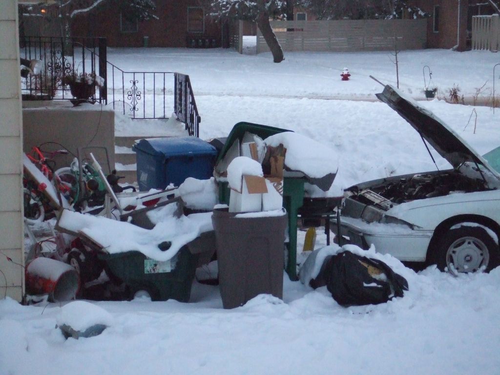 Eine Außenansicht mit Müll in der Mitte, einem Auto auf der rechten Seite, Treppen auf der linken Seite, Bäumen oben und Eis am Boden.