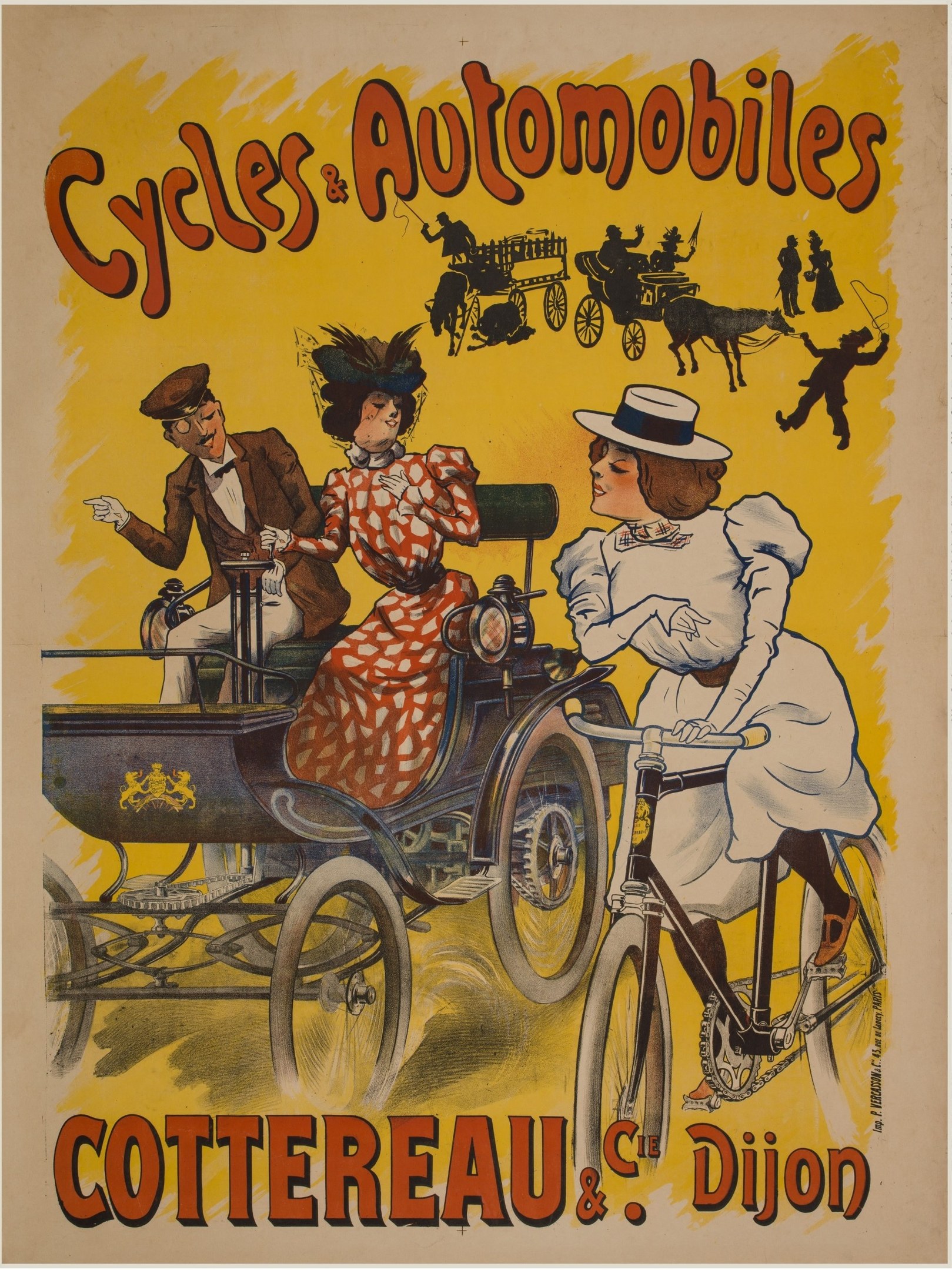 Plakat für Fahrräder und Automobile in Cottereau und Dijon, Frankreich, mit Menschen auf Fahrrädern und einer Kutsche mit "Fahrräder und Automobile" oben.