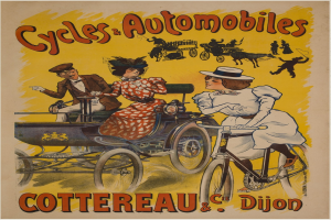 Plakat für Fahrräder und Automobile in Cottereau und Dijon, Frankreich, mit Menschen auf Fahrrädern und einer Kutsche mit "Fahrräder und Automobile" oben.