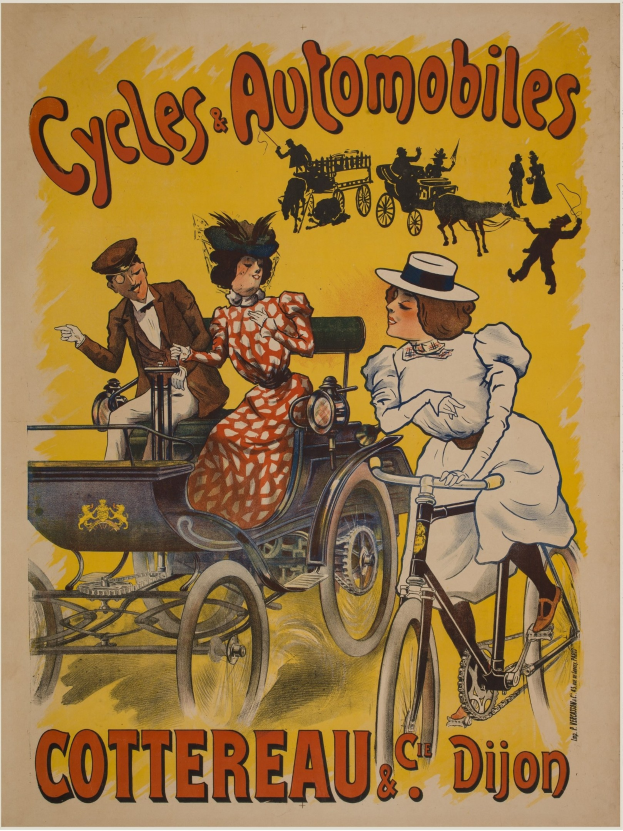 Plakat für Fahrräder und Automobile in Cottereau und Dijon, Frankreich, mit Menschen auf Fahrrädern und einer Kutsche mit "Fahrräder und Automobile" oben.