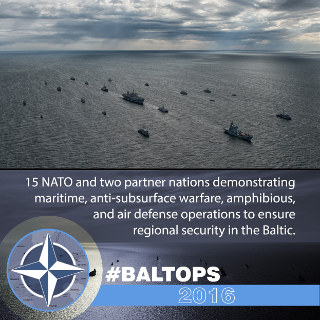 Gruppe von Schiffen auf dem Wasser mit bewölktem Himmel, mit Text und Logo über NATO-Meereskriegsübungen im Baltikum.