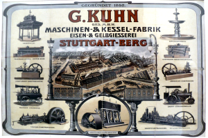 Ein Werbeplakat für die G. Kuhn Stuttgart-Berg Maschinen, das verschiedene Maschinen und Text zeigt.