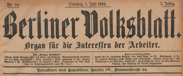 Altes deutsches Zeitungsblatt "Berliner Volksblatt" von 1884, vergilbt, schwarzer Tinte.