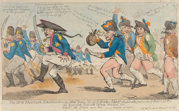 Cartoon-Illustration von Männern in Militäruniformen, einige halten Gegenstände, mit der Überschrift "The New Prussian Exercise or the Allied Armies Distressed in Rear" darunter.