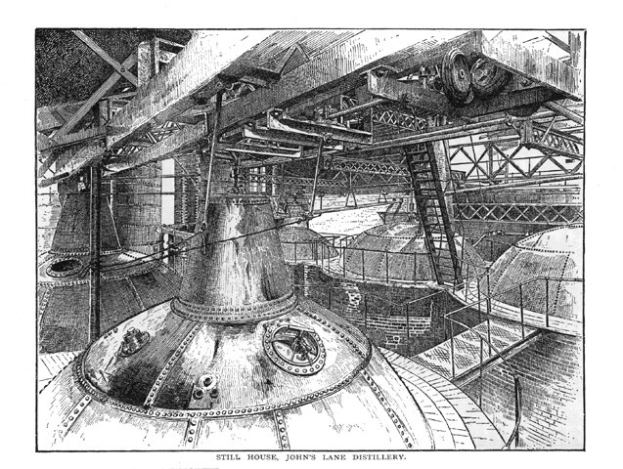 Eine Schwarz-Weiß-Zeichnung einer Fabrik mit einem großen Metallobjekt in der Mitte, umgeben von Maschinen, Leitern, Stangen und anderen Gegenständen, mit Text unten.