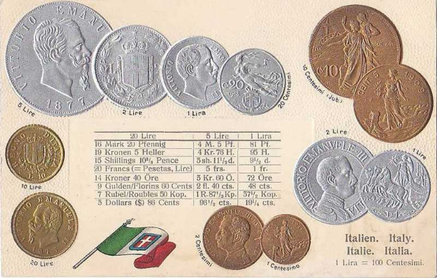 Ein Blatt Papier mit einer Reihe italienischer Münzen von 1877-1910, darunter mehrere 20-Lire-Münzen, mit Porträts und Text sowie zwei Flaggen unten, darunter die italienische Flagge.