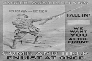 Ein Mann in militärischer Uniform hält eine Waffe, mit der Aufschrift "Komm und hilf, sofort einzustellen" darüber.