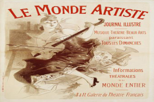 Ein Plakat für die Le Monde Artiste Journal Illustre, das eine Frau mit einem Musikinstrument zeigt, mit Text, der den Künstler und das Instrument beschreibt.