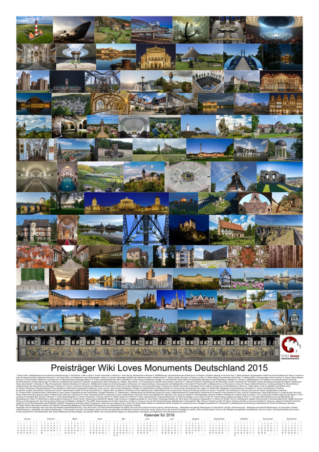 Ein Kalender mit dem Titel "Preisträger Wiki Loves Monuments Deutschland 2015", der eine Collage deutscher Denkmäler zeigt.
