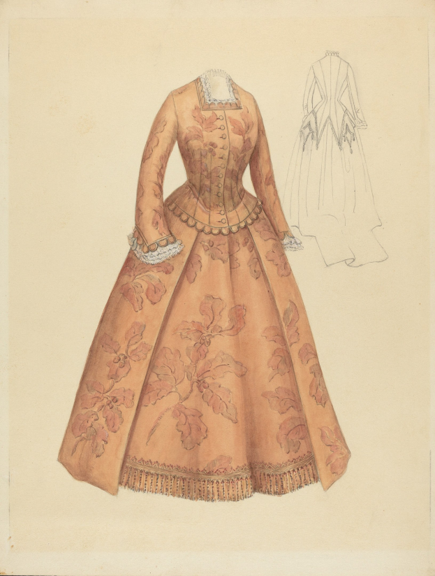 Ausführliches 18. Jahrhundert Kostüm-Design-Zeichnung eines bodenlangen Kleides mit hohem Kragen, floral gemustertem Oberteil in Rosa, Lila und Blau und einer Spitzenbesetzten Röcke.