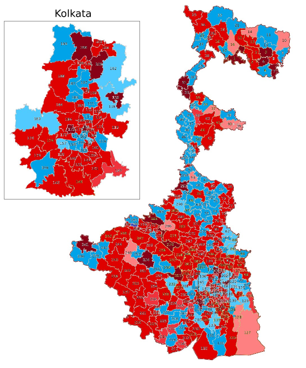 Eine farbcodierte Karte von Kolkata, Indien, die die Bevölkerungsdichte in Prozent zeigt, mit der Überschrift "Kolkata Wahl-Ergebnisse" oben.