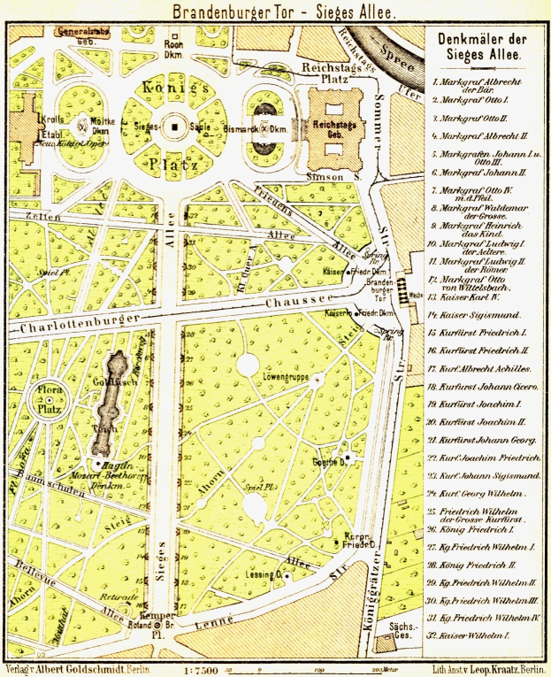 Alte detaillierte Karte von Brandenburg, Deutschland, mit Straßen, Gebäuden, Parks und Sehenswürdigkeiten mit Textanmerkungen.