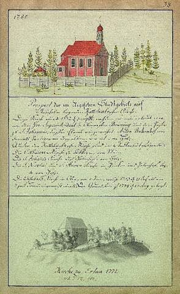 Ein altes Buch mit einer Zeichnung eines roten Hauses umgeben von Bäumen und einem Zaun, betitelt mit 'Deutsche Schule in den Niederlanden, 1777'.