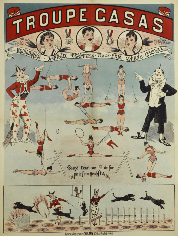 Plakat für die 'Troupe Casas'-Zirkusgruppe in Paris, mit Performern in farbenfrohen Kostümen und Masken neben Tierbildern.
