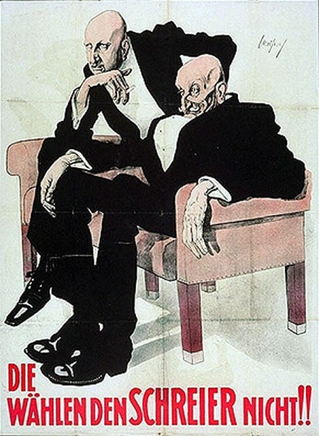 Deutsches Propagandaplakat der NSDAP mit zwei Männern auf einem Sofa und Text zur Parteipropaganda.