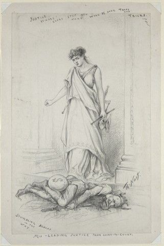 Eine Frau in einem langen Kleid steht mit gefalteten Händen neben einem Mann, der auf dem Rücken liegt und seinen Kopf auf den Händen ruht, betitelt mit "Der führende Richter aus dem Kreisgericht."