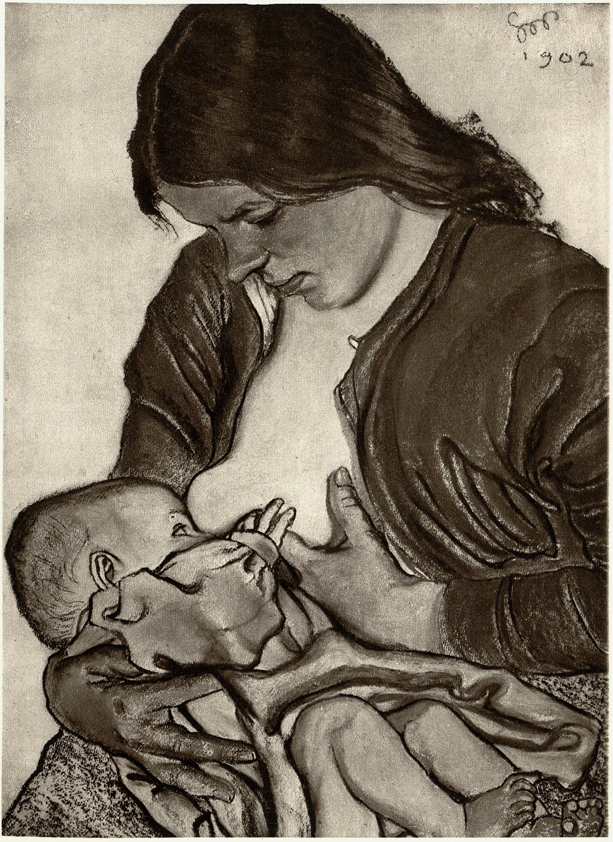 Eine Schwarz-Weiß-Zeichnung einer Frau mit sanftem Gesichtsausdruck, die ein zufrieden aussehendes Baby im Arm hält, mit der Inschrift 'Mutter und Kind' unten.