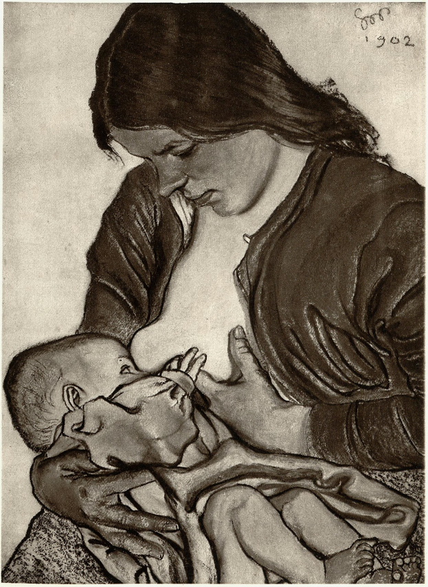 Eine Schwarz-Weiß-Zeichnung einer Frau mit sanftem Gesichtsausdruck, die ein zufrieden aussehendes Baby im Arm hält, mit der Inschrift 'Mutter und Kind' unten.