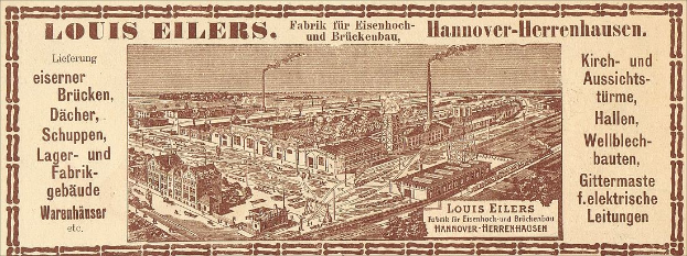 Schwarze und weiße Anzeige für die Louis Eilers Hannover-Herrenhausen-Fabrik, die ein Foto des Fabrikgebäudes mit begleitendem Text zeigt.