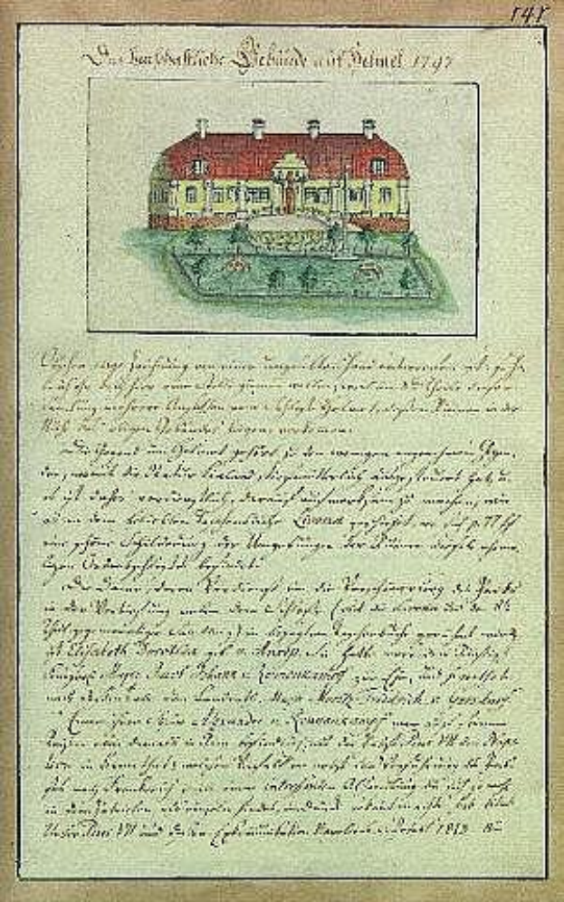 Ein altes Dokument mit einer detaillierten Zeichnung eines Hauses mit rotem Dach und weißen Wänden, das als die Schleswig-Holstein-Schule von Delmar in Deutschland im Jahr 1797 vermutet wird, unterzeichnet von der Schule.