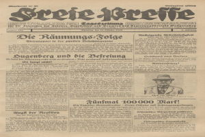 Alte deutsche Zeitung vom 29. September 1929 mit der Schlagzeile "Sugenberg und die Defreiung" mit einem Mann im Anzug und Krawatte mit ernstem Gesichtsausdruck.