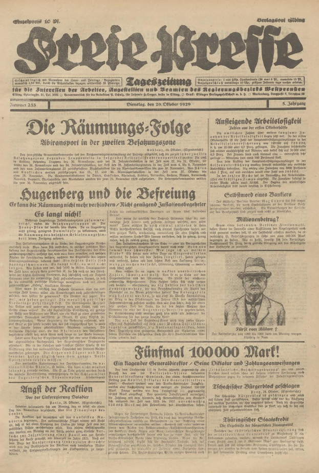 Alte deutsche Zeitung vom 29. September 1929 mit der Schlagzeile "Sugenberg und die Defreiung" mit einem Mann im Anzug und Krawatte mit ernstem Gesichtsausdruck.