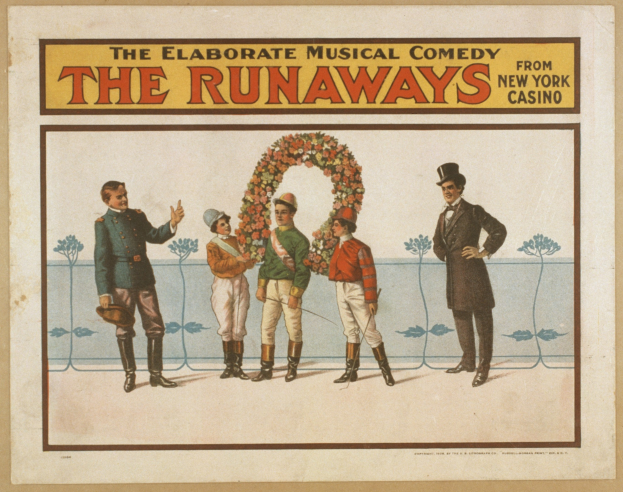 Plakat für "Die Elaborate Musical Comedy Runaways" aus dem New Yorker Casino, das eine Reihe von Menschen mit einer zentralen Figur zeigt, die einen Blumenstrauß hält und Werbetext.