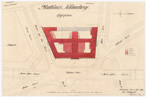 Eine Karte der Stadt Ruhlhaus Schönberg mit einem roten Quadrat in der Mitte, auf Papier gedruckt mit zusätzlichen Textdetails.