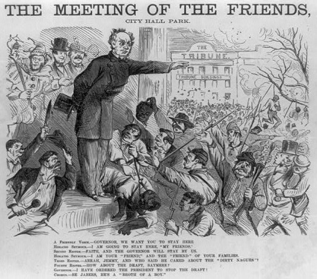 Eine handgezeichnete Skizze auf Papier zeigt eine Gruppe von Menschen mit Waffen in City Hall Park, im Hintergrund ein Gebäude und der Text "Die Zusammenkunft der Freunde, City Hall Park."