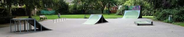 Parkszene mit einem zentralen Skateramp in der Mitte, umgeben von Bänken, Geländern, Gras, Pflanzen, Bäumen und Gebäuden im Hintergrund.