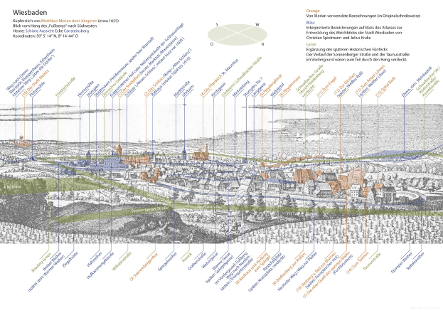 Eine Karte von Wiesbaden, Deutschland, mit historischem Text und farbcodierten Regionen, die umliegende Städte und Ortschaften anzeigen.