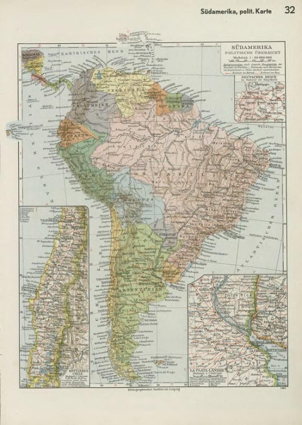 Alte Karte aus dem 19. Jahrhundert von Südamerika, die politische Grenzen zeigt, auf altem Papier mit Text oben und unten gedruckt.