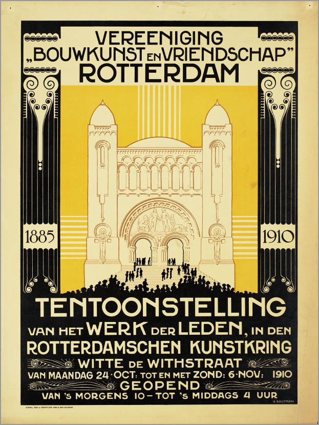 Plakatankündigung für ein Konzert in Rotterdam, Niederlande, mit einem Gebäude und Textbeschreibung des Events.