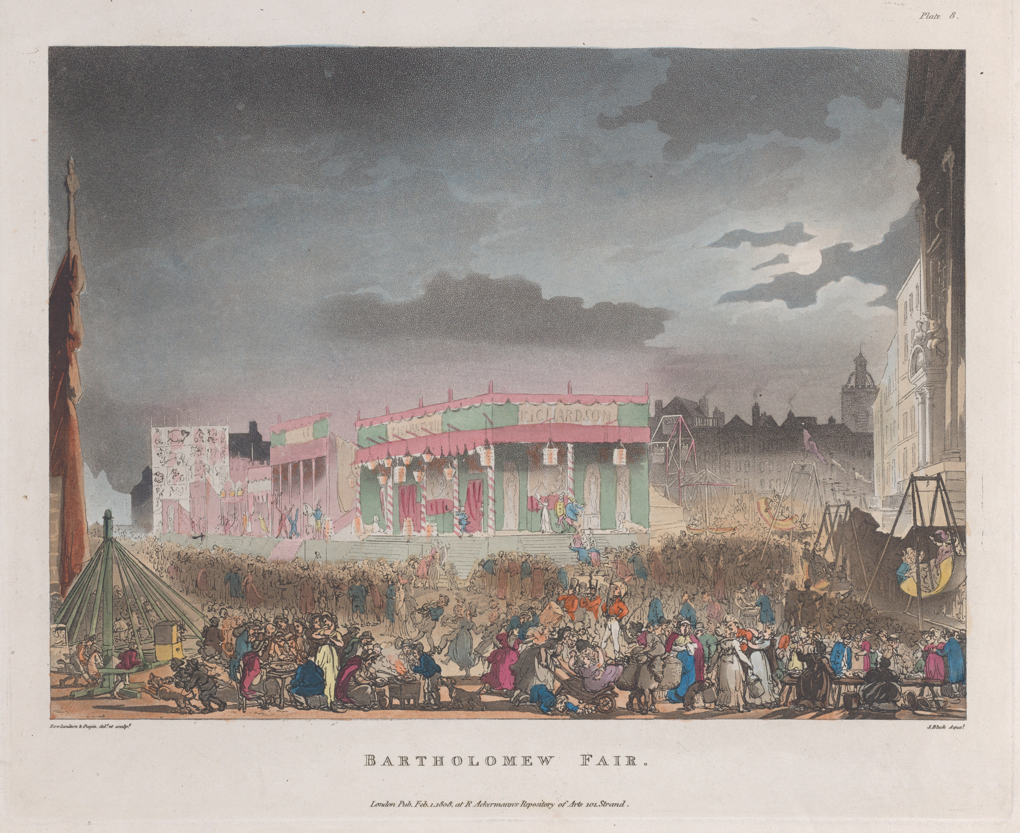 Ein Gemälde, das eine Menschenmenge auf dem Bartholomew Fair in London zeigt, mit Gebäuden und Wolken im Hintergrund.