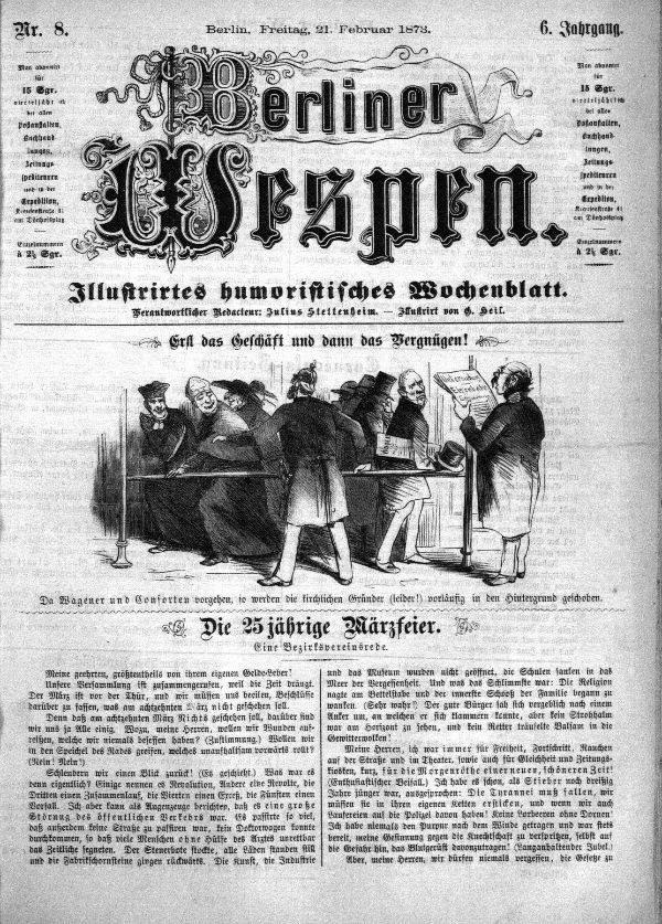 Alte deutsche Zeitung "Berliner Wespen" vom 21. Februar 1873 mit einer Gruppe von Menschen in traditioneller deutscher Kleidung, die sich unterhalten, und deutscher Text, der wahrscheinlich das Ereignis beschreibt.
