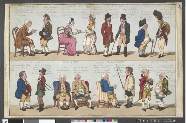 Zeichentrickfigur aus dem 18. Jahrhundert in historischer Kleidung in einem Gespräch, wobei eine Person lebhaft gestikuliert, begleitet von Farbskalen unten.